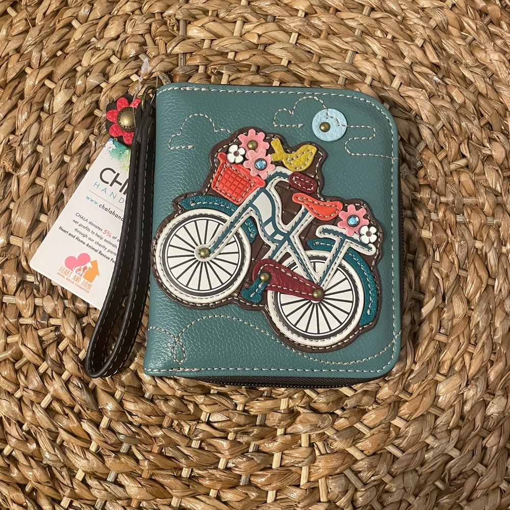 Chala Teal Zip Around Vegan Wallet with Bicycle Design